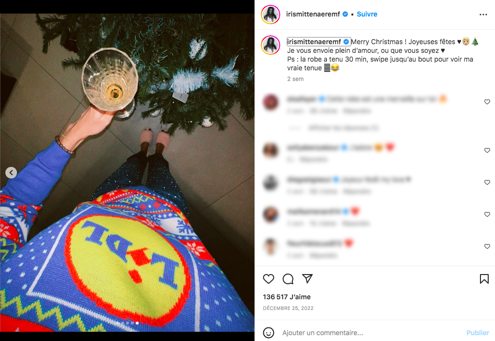 Iris Mittenaere publie sur Instagram une photo d’elle avec un pull Lidl 